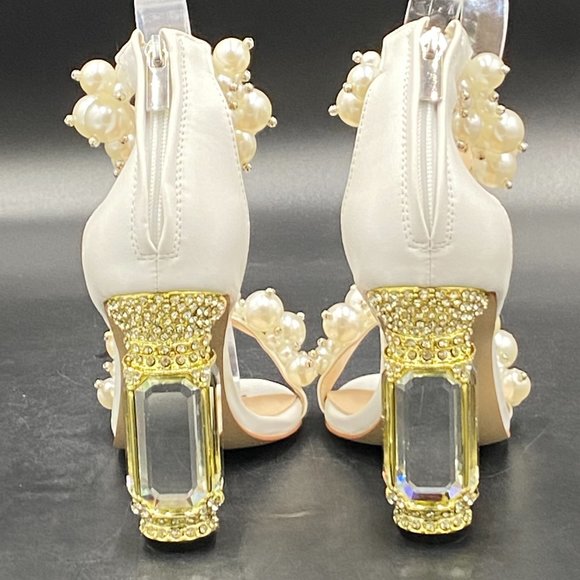 FSJ Ivory Pearl Open Toe Ankle Strap Chunky Crystal High Heels Prom Sandal. - Picture 6 of 9